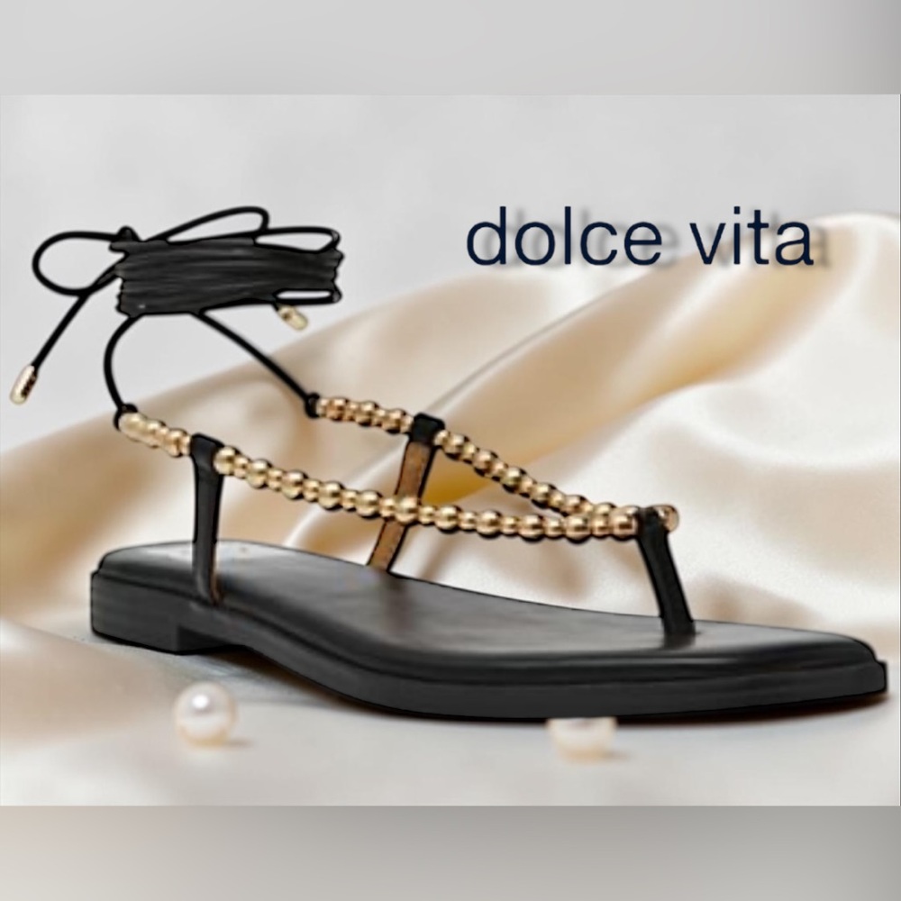 Dolce Vita size 10 Mirielle Black Sandals with Gold Beads & Ankle Wrap Tie NWT!!